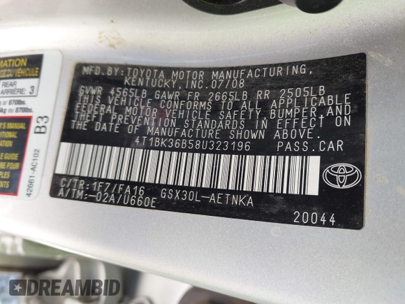 2008 Toyota Avalon XL with VIN 4T1BK36B58U323196, listed as a IAAI auction lot 41840838 with 162,683 mi miles. Bid and sale history available at carsss.com. Image 9.