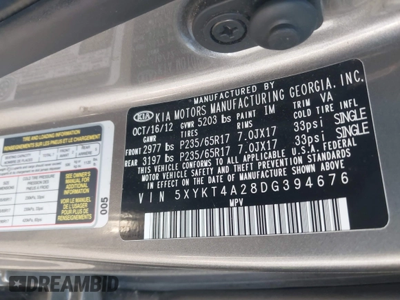 2013 Kia Sorento LX with VIN 5XYKT4A28DG394676, listed as a IAAI auction lot 41409435 with 167,003 mi miles. Bid and sale history available at carsss.com. Image 9.
