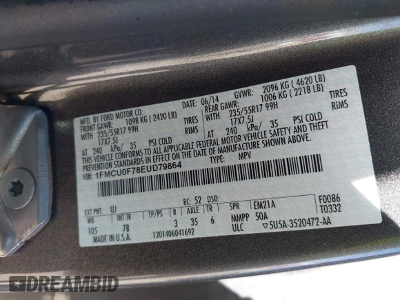 2014 Ford Escape S с VIN 1FMCU0F78EUD79864, выставлен на аукционе IAAI как лот 42243469 с пробегом 79 817 миль миль и . История ставок и продаж доступна на DreamBid. Изображение 9.