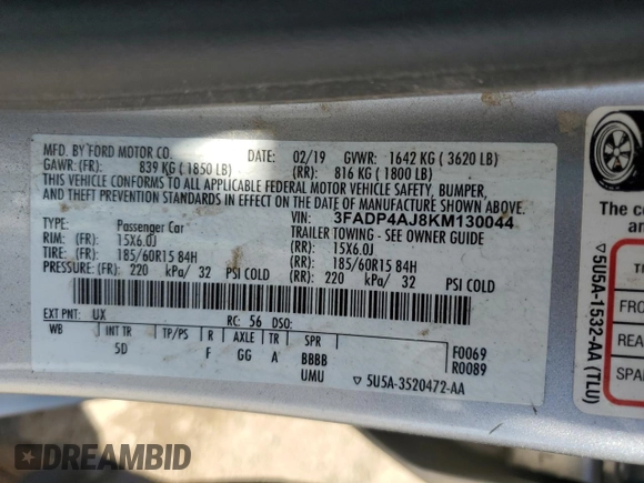 2019 Ford Fiesta S with VIN 3FADP4AJ8KM130044, listed as a Copart auction lot 59576795 with 56,197 mi miles and Salvage title. Bid and sale history available at DreamBid. Image 12.