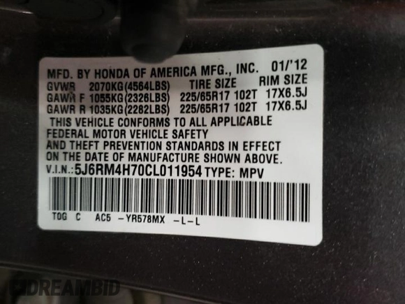 2012 Honda CR-V EX-L with VIN 5J6RM4H70CL011954, listed as a Copart auction lot 53962325 with 188,094 mi miles and Salvage Title. Bid and sale history available at carsss.com. Image 13.