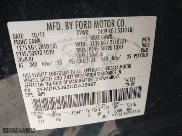 2012 Ford Edge SEL with VIN 2FMDK3J92CBA32697, listed as a IAAI auction lot 42036887 with 180,858 mi miles. Bid and sale history available at carsss.com. Image 9.