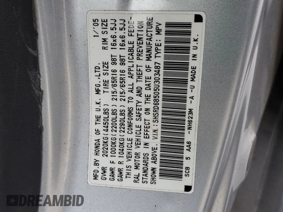2005 Honda CR-V LX with VIN SHSRD68505U303487, listed as a Copart auction lot 46064405 with 169,974 mi miles and Salvage Title. Bid and sale history available at DreamBid. Image 16.