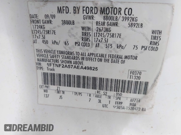 2010 Ford F-250 XL with VIN 1FTNF2A57AEA49825, listed as a IAAI auction lot 42242032 with 188,085 mi miles and . Bid and sale history available at DreamBid. Image 9.