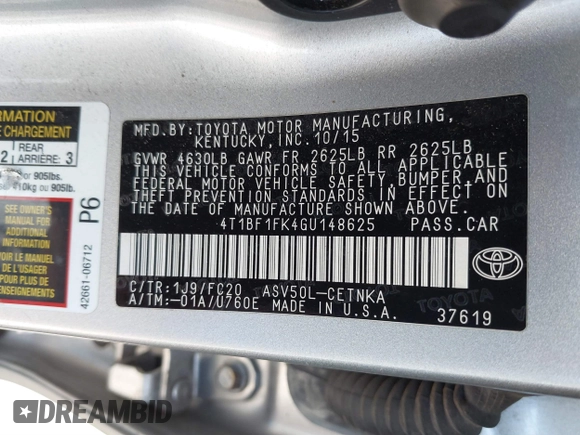 2016 Toyota Camry XLE with VIN 4T1BF1FK4GU148625, listed as a IAAI auction lot 41742421 with 88,582 mi miles. Bid and sale history available at carsss.com. Image 9.