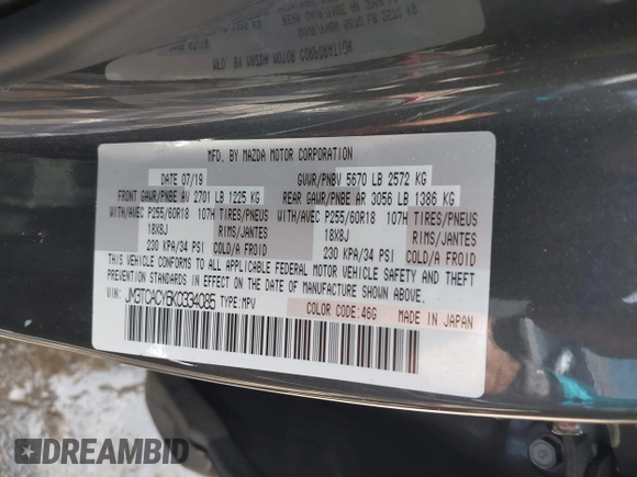 2019 Mazda CX-9 Touring with VIN JM3TCACY6K0334085, listed as a IAAI auction lot 42391595 with 113,723 mi miles and . Bid and sale history available at DreamBid. Image 9.