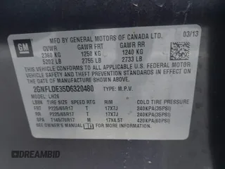 2013 Chevrolet Equinox LT with VIN 2GNFLDE35D6320480, listed as a IAAI auction lot 41437480 with 84,230 mi miles and . Bid and sale history available at DreamBid. Image 9.