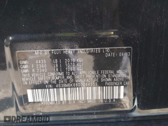 2013 Subaru Legacy Limited with VIN 4S3BMBK68D3044553, listed as a IAAI auction lot 41977947 with 171,742 mi miles and . Bid and sale history available at DreamBid. Image 9.