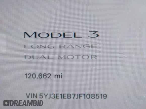 2018 Tesla Model 3 Long Range Battery with VIN 5YJ3E1EB7JF108519, listed as a IAAI auction lot 41835266 with 120,662 mi miles and . Bid and sale history available at DreamBid. Image 7.