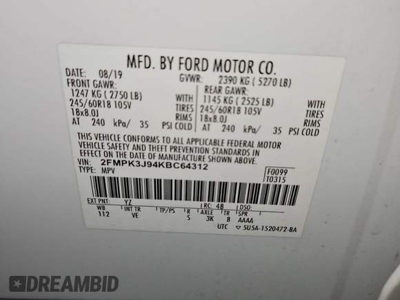 2019 Ford Edge SEL with VIN 2FMPK3J94KBC64312, listed as a IAAI auction lot 42178612 with 75,572 mi miles. Bid and sale history available at carsss.com. Image 1.
