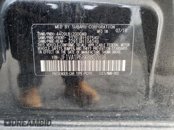 2019 Subaru WRX Limited with VIN JF1VA1P68K8807816, listed as a Copart auction lot 63105434 with 121,291 mi miles and Salvage Title. Bid and sale history available at DreamBid. Image 15.
