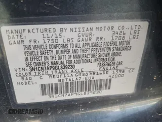 2016 Nissan Versa S Plus with VIN 3N1CN7AP9GL839230, listed as a Copart auction lot 58533005 with 82,623 mi miles and Salvage title. Bid and sale history available at DreamBid. Image 12.