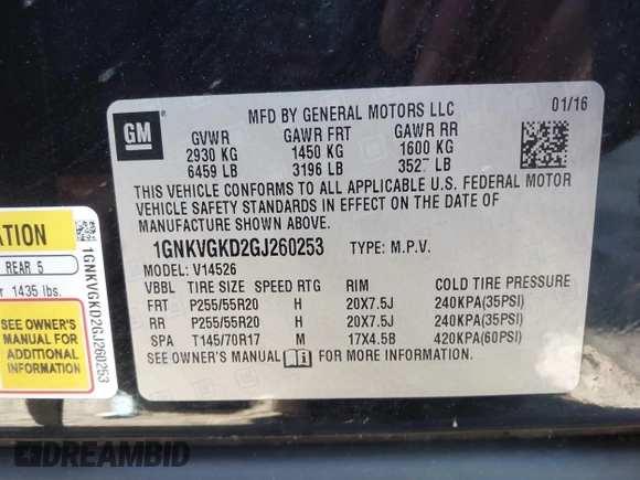 2016 Chevrolet Traverse LT with VIN 1GNKVGKD2GJ260253, listed as a IAAI auction lot 40851585 with Not Provided miles and . Bid and sale history available at DreamBid. Image 9.