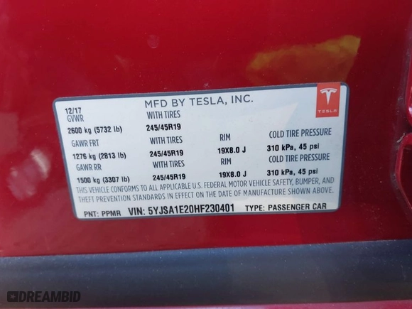 2017 Tesla Model S 100D with VIN 5YJSA1E20HF230401, listed as a IAAI auction lot 41138332 with 110,618 mi miles. Bid and sale history available at carsss.com. Image 9.