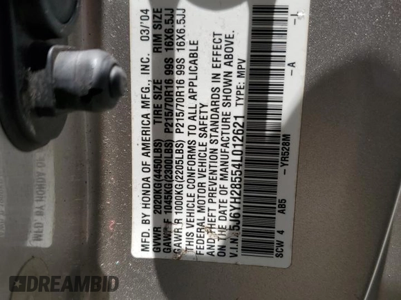 2004 Honda Element EX with VIN 5J6YH28554L012621, listed as a Copart auction lot 58205334 with 207,794 mi miles and Salvage Title. Bid and sale history available at DreamBid. Image 12.