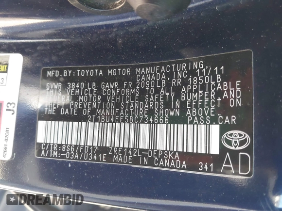 2011 Toyota Corolla L with VIN 2T1BU4EE5BC734666, listed as a IAAI auction lot 41640201 with 205,025 mi miles. Bid and sale history available at carsss.com. Image 9.