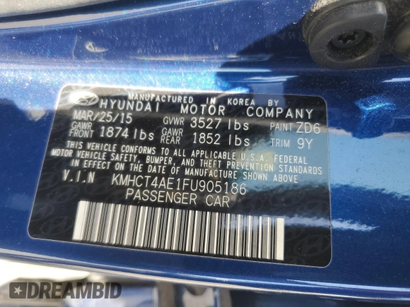 2015 Hyundai Accent GLS with VIN KMHCT4AE1FU905186, listed as a Copart auction lot 54892325 with 17,782 mi miles and Salvage Title. Bid and sale history available at DreamBid. Image 12.