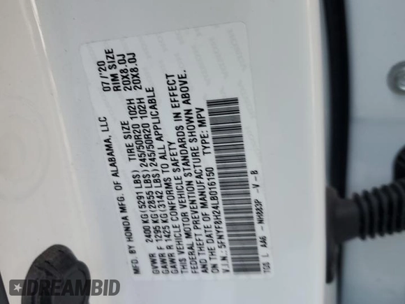 2020 Honda Passport Sport with VIN 5FNYF8H24LB016150, listed as a Copart auction lot 54767285 with 51,811 mi miles and Salvage title. Bid and sale history available at DreamBid. Image 13.