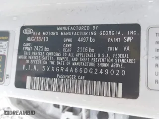 2013 Kia Optima SX w/Limited Pkg with VIN 5XXGR4A66DG249020, listed as a IAAI auction lot 41771425 with 44,000 mi miles. Bid and sale history available at carsss.com. Image 9.