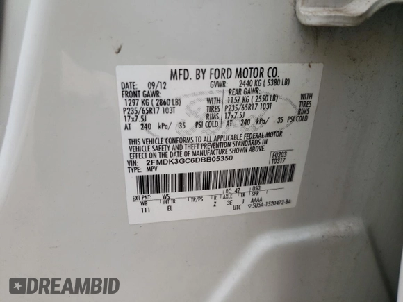 2013 Ford Edge SE with VIN 2FMDK3GC6DBB05350, listed as a Copart auction lot 59373375 with 123,339 mi miles and Salvage title. Bid and sale history available at DreamBid. Image 13.