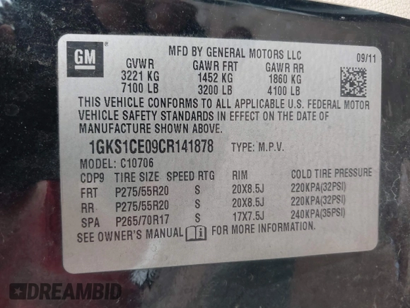 2012 GMC Yukon SLT with VIN 1GKS1CE09CR141878, listed as a IAAI auction lot 41552512 with 204,253 mi miles. Bid and sale history available at carsss.com. Image 9.