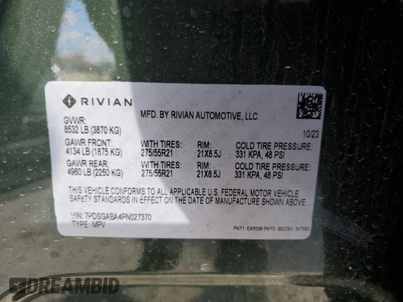 2023 Rivian R1S Adventure with VIN 7PDSGABA4PN027370, listed as a Copart auction lot 47967275 with 14,919 mi miles and Salvage Title. Bid and sale history available at carsss.com. Image 14.