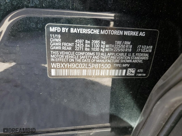 2020 BMW X2 sDrive28i with VIN WBXYH9C02L5P81500, listed as a Copart auction lot 48169135 with 38,468 mi miles and Salvage Title. Bid and sale history available at carsss.com. Image 13.