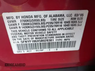 2005 Honda Pilot EX-L z VIN 5FNYF186X5B028381, wystawiony jako IAAI lot #41987808 z przebiegiem 128 155 mil mil oraz . Historia ofert i sprzedaży dostępna na DreamBid. Obrazek 9.