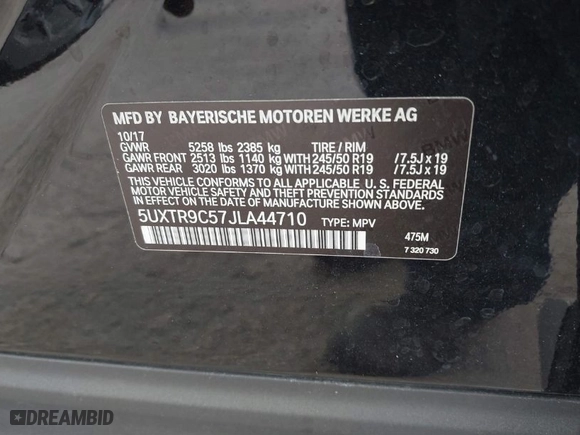 2018 BMW X3 xDrive30i with VIN 5UXTR9C57JLA44710, listed as a IAAI auction lot 41107554 with 75,237 mi miles. Bid and sale history available at carsss.com. Image 9.