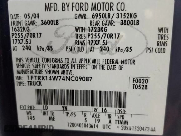 2004 Ford F-150 STX with VIN 1FTRX14W74NC09087, listed as a Copart auction lot 58476955 with 174,661 mi miles and Clean title. Bid and sale history available at DreamBid. Image 12.