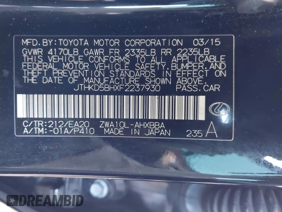 2015 Lexus CT 200h z VIN JTHKD5BHXF2237930, wystawiony jako IAAI lot #42261009 z przebiegiem 195 014 mil mil oraz . Historia ofert i sprzedaży dostępna na DreamBid. Obrazek 9.