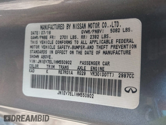 2017 Infiniti Q60 Sport with VIN JN1EV7EL1HM550902, listed as a IAAI auction lot 41989201 with 93,539 mi miles. Bid and sale history available at carsss.com. Image 9.