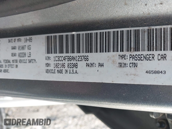 2010 Chrysler Sebring Touring with VIN 1C3CC4FB6AN123766, listed as a IAAI auction lot 41924734 with 183,279 mi miles. Bid and sale history available at carsss.com. Image 9.
