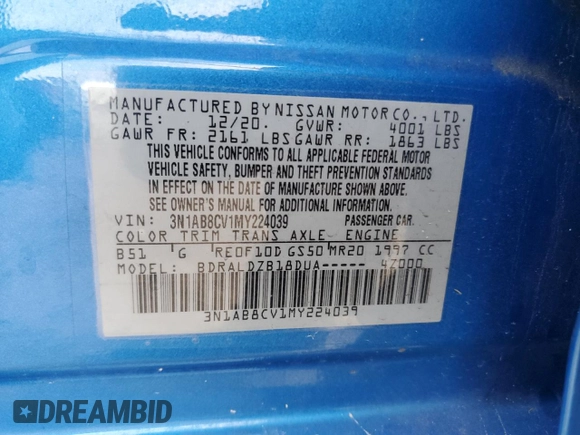 2021 Nissan Sentra SV with VIN 3N1AB8CV1MY224039, listed as a Copart auction lot 46801225 with 91,285 mi miles and Salvage Title. Bid and sale history available at DreamBid. Image 14.