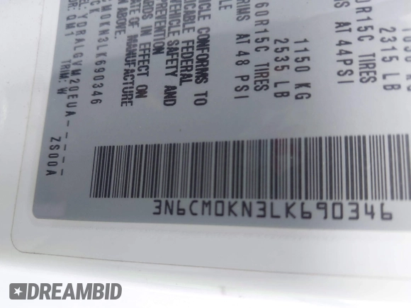 2020 Nissan NV200 S with VIN 3N6CM0KN3LK690346, listed as a IAAI auction lot 42161645 with Not provided miles and . Bid and sale history available at DreamBid. Image 9.