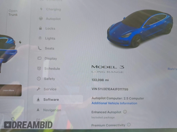 2018 Tesla Model 3 Long Range Battery with VIN 5YJ3E1EA4JF011799, listed as a IAAI auction lot 41765860 with 133,098 mi miles. Bid and sale history available at carsss.com. Image 18.
