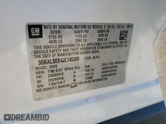 2018 GMC Terrain Denali with VIN 3GKALSEX4JL145385, listed as a Copart auction lot 85485774 with 122,806 mi miles and Clean Title. Bid and sale history available at DreamBid. Image 13.