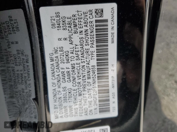 2022 Honda Civic Sport z VIN 2HGFE2F51NH524658, wystawiony jako Copart lot #49883375 z przebiegiem 70 714 mil mil oraz Szkoda całkowita • Salvage title. Historia ofert i sprzedaży dostępna na DreamBid. Obrazek 15.
