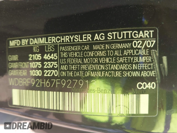 2007 Mercedes-Benz C 280 Luxury with VIN WDBRF92H67F927913, listed as a IAAI auction lot 42249769 with Not provided miles and . Bid and sale history available at DreamBid. Image 9.