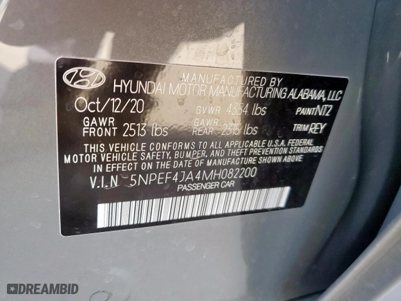 2021 Hyundai Sonata SEL with VIN 5NPEF4JA4MH082200, listed as a Copart auction lot 48205075 with 57,581 mi miles and Salvage Title. Bid and sale history available at carsss.com. Image 12.