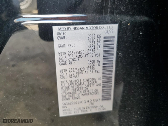 2023 Nissan Murano Platinum with VIN 5N1AZ2DJ5PC142597, listed as a Copart auction lot 56069314 with 10,550 mi miles and Salvage Title. Bid and sale history available at carsss.com. Image 14.