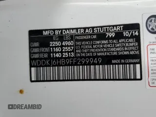2015 Mercedes-Benz E 400 with VIN WDDKJ6HB9FF299949, listed as a Copart auction lot 56271825 with 54,446 mi miles and Salvage title. Bid and sale history available at DreamBid. Image 13.