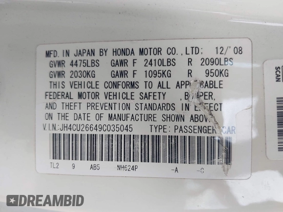 2009 Acura TSX with VIN JH4CU26649C035045, listed as a IAAI auction lot 42301390 with 164,039 mi miles and . Bid and sale history available at DreamBid. Image 9.