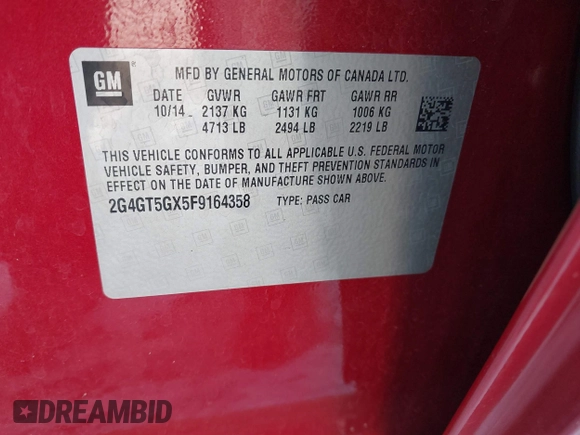 2015 Buick Regal GS с VIN 2G4GT5GX5F9164358, выставлен на аукционе IAAI как лот 41245600 с пробегом 68 149 миль миль и . История ставок и продаж доступна на DreamBid. Изображение 9.