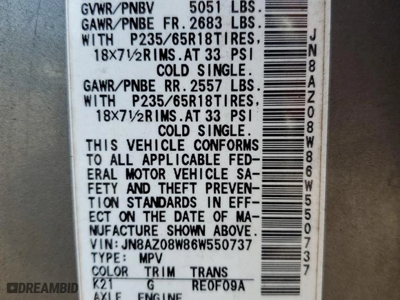 2006 Nissan Murano SE with VIN JN8AZ08W86W550737, listed as a Copart auction lot 70489604 with 198,925 mi miles and Salvage Title. Bid and sale history available at carsss.com. Image 16.