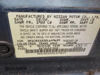 2002 Nissan Sentra GXE z VIN 3N1CB51D32L649659, wystawiony jako Copart lot #85820784 z przebiegiem 201 084 mil mil oraz Szkoda całkowita • Salvage title. Historia ofert i sprzedaży dostępna na DreamBid. Obrazek 13.