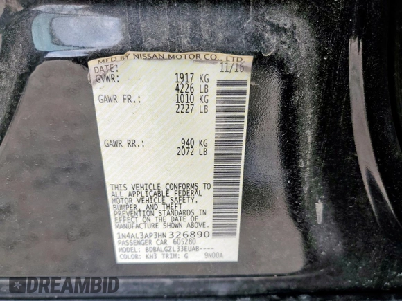 2017 Nissan Altima SR z VIN 1N4AL3AP3HN326890, wystawiony jako Copart lot #57577625 z przebiegiem 119 853 mil mil oraz Szkoda całkowita • Salvage title. Historia ofert i sprzedaży dostępna na DreamBid. Obrazek 12.