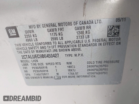 2011 GMC Terrain SLT-1 with VIN 2CTALUEC9B6450427, listed as a IAAI auction lot 41320981 with 132,794 mi miles and . Bid and sale history available at carsss.com. Image 9.
