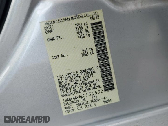 2020 Nissan Altima S with VIN 1N4BL4BV6LC151532, listed as a Copart auction lot 61560725 with 85,942 mi miles and Salvage title. Bid and sale history available at DreamBid. Image 13.
