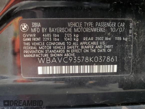2008 BMW 3 Series 328xi z VIN WBAVC93578K037861, wystawiony jako Copart lot #58364495 z przebiegiem 147 497 mil mil oraz Nie do naprawy • Non repairable. Historia ofert i sprzedaży dostępna na DreamBid. Obrazek 12.
